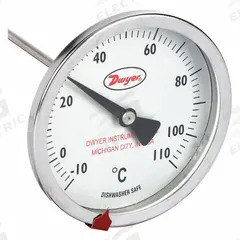 DWYER Clip On Dial Thermometer: -10°C to 110°C, +/- 2% Accuracy, 8 in Stem Lg, Celsius (MPN CBT38052). Key specifications — Accuracy: +/- 2%; Brand: DWYER; Temperature Units: Celsius.