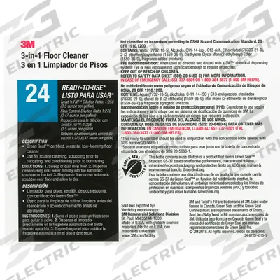 TOLCO Secondary Bottle Label: 11 in Ht, 8 1/2 in Wd, 3M 3-in-1 Floor Cleaner Ready-to-Use 24 - Secondary Container Labels and Tags