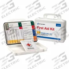 FIRST AID ONLY First Aid Kit and Housing: 83 Components, ANSI/ISEA Z308.1-2021, Type III, Class A (MPN 91349). Key specifications — ANSI Standard Met: ANSI/ISEA Z308.1-2021; Adhesive Bandages Included: (16) Bandages; Oral and Inhalant Medicinals Included: No Oral/Inhalant Medicinals; Topical Medicinals Included: (10) BZK Wipes; Wound Dressings Included: (2) Trauma Pads; Unitized: Unitized.