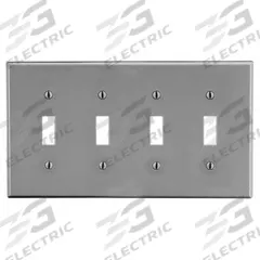 HUBBELL Wall Plate: Toggle, 4 Gang, Gray, Std Size (MPN P4GY). Key specifications — Brand: HUBBELL; Material: Polycarbonate.