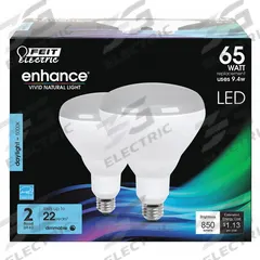 FEIT ELECTRIC Compact LED Bulb: LED, BR40, Medium Screw (E26), 9.4 W Watt, 5000K, Frosted, 120V AC (MPN BR40DM/950CA/2). Key specifications — Bulb Finish: Frosted; Color Temperature: 5000K; Shatter-Resistant: No; Brand: FEIT ELECTRIC; Voltage: 120V AC; Bulb Shape: BR40.
