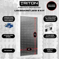 TRITON PRODUCTS Pegboard Panel Kit: Square, 3/8 in Peg Hole Size, 36 in x 18 in x 9/16 in, Silver (MPN LB18-SKit). Key specifications — Material: Stainless Steel; Finish: Brushed; Peg Hole Shape: Square; Includes: Curved Hooks: (3) 2; Color: Silver; Brand: TRITON PRODUCTS.