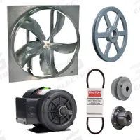 Exhaust Fan with Drive Package: Belt Drive, 30 in Blade, 1/2 hp, 9,829 cfm, 208-230/460V AC, 3 ph (MPN 7M7Y7). Key specifications — Frame Finish: Zinc Plated; Assembled: Unassembled; Brand: DAYTON; Nameplate Voltage: 208-230/460V AC; Frame Material: Steel; Guard Type: None; Motor Type: 3-Phase; Motor Insulation: Class B.