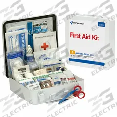 FIRST AID ONLY First Aid Kit and Housing: 184 Components, ANSI/ISEA Z308.1-2021, Type III, Class A (MPN 91328). Key specifications — ANSI Standard Met: ANSI/ISEA Z308.1-2021; Adhesive Bandages Included: (80) Bandages; Oral and Inhalant Medicinals Included: No Oral/Inhalant Medicinals; Topical Medicinals Included: (12) Triple Antibiotic Ointment Packets; Wound Dressings Included: (3) Gauze Rolls; Unitized: Bulk.