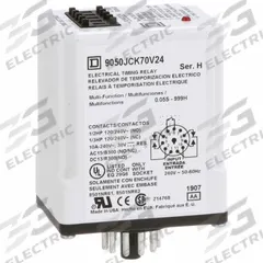 SCHNEIDER Multi-Function Time Delay Relay: Socket Mounted, 240V AC, 10 A, 11 Pins/Terminals (MPN 9050JCK70V24). Key specifications — Contact Rating (AC): 10 A @ 120/240V; Delay Function: One Shot; Mounting Style: Plug-In; Input Voltage: 240V AC; Brand: SCHNEIDER.