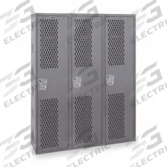 HALLOWELL Wardrobe Locker: 36 in x 12 in x 72 in, Ventilated, 1 Tiers, 3 Units Wide, Padlock Hasp (MPN HWBA212-111HG). Key specifications — Brand: HALLOWELL; Locker Color: Dark Gray; Door Type: Ventilated; Locker Material: Steel; Assembled: Assembled; Number Plate Included: Yes.