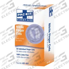 FIRST AID ONLY Finger Cots: Nitrile, 3 mil Thick, Powder-Free, Blue, L, Nitrile, 50 PK (MPN 21-027). Key specifications — Powdered/Powder-Free: Powder-Free; Brand: FIRST AID ONLY; Finger Cot Material: Nitrile; Color: Blue.