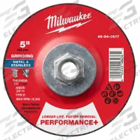 MILWAUKEE Grinding Wheel: Type 27, 5" x 1/4" x 5/8"-11, Zirconia Alumina, 24 Grit (MPN 49-94-0617). Key specifications — Brand: MILWAUKEE.