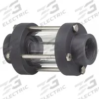 PLAST-O-MATIC Double Wall Sight Flow Indicator: PVC, Double Walls, 1 1/4 in FNPT, Pipe Threads, NPT (MPN GY125V-PV). Key specifications — Brand: PLAST-O-MATIC; Max. Operating Pressure: 140 psi; Seal Material: Viton; Flow Direction: Any Direction; Window Material: Acrylic; Mounting Orientation: Horizontal.