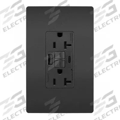LEGRAND Receptacle: Duplex, 5-20R, 2 USB Ports, USB Type A/C, Black, 125V AC, 20 A - Weather-Resistant Receptacles with USB Chargers
