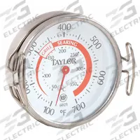 TAYLOR Mechanical Food Service Thermometer: Grill, Analog, 1 5/16 in Overall Lg, 2 in Dial Size (MPN 6021). Key specifications — Accuracy: ±10°F; Brand: TAYLOR; Case Material: Stainless Steel; Display Type: Analog; Features: Magnet; NSF Certified: Yes; Thermometer Type: Grill Thermometer; Metal Detectable: No.