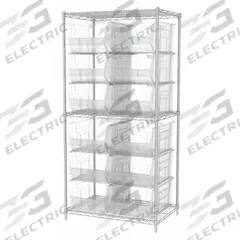 AKRO-MILS Bin Shelving: 36 in x 24 in x 74 in, 1 Sided, 12 Bins, Open, Giant Hopper Bin, Clear (MPN AWS24360288SC). Key specifications — Includes Bins: Yes; Bin Material: Polymer; Frame Color: Silver; Bin HxWxD: (12) 11 in x 16-1/2 in x 23-7/8 in; Frame Material: Steel; Bin Color: Clear; Brand: AKRO-MILS.