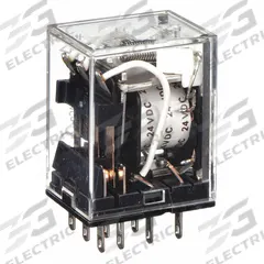 OMRON General Purpose Relay: Socket Mounted, 5 A Current Rating, 24V DC, 3PDT, 11 Pins/Terminals (MPN MY3N-DC24). Key specifications — Brand: OMRON; Base Type: Square; Mounting Style: Plug-In; Pin Shape: Flat; Electrical Connection: Quick-Connect; Manufacturer Part Number: MY3N-DC24; Operating Current: 2 A at 220V AC (Inductive Load); Series: MY Series.