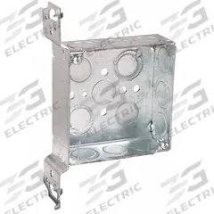 RACO Electrical Box: Steel, Steel - 4" x 4" Square Box Material & Nominal Size, Square, 2 Gangs, FS (MPN 196). Key specifications — Brand: RACO; Bracket Style: Stud Side, Raised w/Spurs; Clamp Style: Without Clamps.