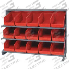 QUANTUM STORAGE SYSTEMS Bench Pick Rack: 36 in x 12 in x 27 in, 1 Usable Sides, 3 Shelves, 15 Bins (MPN QPRHA-202RD). Key specifications — Bin HxWxD: (15) 6 in x 6-5/8 in x 11-5/8 in; Frame Material: Steel; Frame Color: Gray; Bin Color: Red; Brand: QUANTUM STORAGE SYSTEMS.