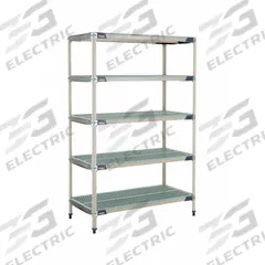 METRO Plastic Industrial Shelving: 24 in x 48 in, 74 in Overall Ht, 5 Shelves, Antimicrobial (MPN 5X557GX3). Key specifications — Resistance Properties: Antimicrobial; Frame Material: 304 Stainless Steel; Shelving Material: Polymer; Brand: METRO.