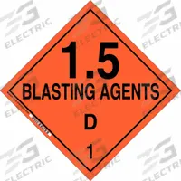 BRADY DOT Container Placard: 1.5 Blasting Agents D 1, 10 3/4 in x 10 3/4 in, 10 3/4 in Label Ht (MPN 63368). Key specifications — Brand: BRADY; Message: 1.5 Blasting Agents D 1.
