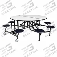PALMER HAMILTON Cafeteria Table: Gray Glace, Stool Seat, 29 in Overall Ht, 79 in Overall Lg, Circle (MPN 59T122960RD-S8-GBN). Key specifications — Tabletop Structural Material: Industrial Grade High Pressure Laminate with Particleboard Core; Tabletop Surface Material: Laminate.