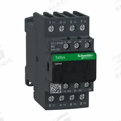 SCHNEIDER IEC Magnetic Contactor: Non-Reversing, 4 Poles, 4NO Contacts, 40 A, 24V DC Coil (MPN LC1DT40BD). Key specifications — Brand: SCHNEIDER; Integrated Surge Suppression: Yes.