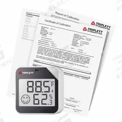 TRIPLETT Desktop Temperature & Humidity Meter: 0%to 99% Humidity Range, Humidity/Temp, Built-In (MPN RHT27BT-NIST). Key specifications — Primary Scale: Humidity/Temperature; Display Type: Digital; Brand: TRIPLETT.