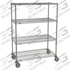 METRO Wire Shelving Unit: 48 in x 24 in x 69 1/2 in, Dry, Split Sleeve, 4 Shelves, (4) Swivel (MPN 2448NC-4,63UP-4,5MP-4). Key specifications — attr15738: Silver; attr15739: (4) Posts; attr14157: Chrome; attr14150: Dry; attr14159: Round; attr5304: 4; attr14155: (4) Swivel; attr14158: Steel.