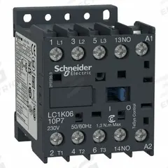 SCHNEIDER Miniature IEC Magnetic Contactor: Non-Reversing, 3 Poles, 3NO Contacts, 6 A, 110V AC Coil (MPN LC1K0610F7). Key specifications — attr945107: SCHNEIDER; attr972381: No.
