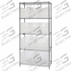 QUANTUM STORAGE SYSTEMS Shelving Unit: 36 in x 18 in x 74 in, 1 Sided, 10 Bins, Clear, 5 Shelves (MPN WR5-600800CL). Key specifications — Frame Color: Chrome; Bin HxWxD: (6) 12-1/2 x 17-1/2 x 10-7/8 in; Frame Material: Carbon Steel; Bin Color: Clear; Brand: QUANTUM STORAGE SYSTEMS.