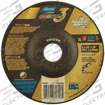 NORTON Depressed Center Grinding Wheel: Type 27, 5" x 1/4" x 7/8", Ceramic, 20 Grit - Cool-Cutting Grinding Wheels for Carbon & Stainless Steel