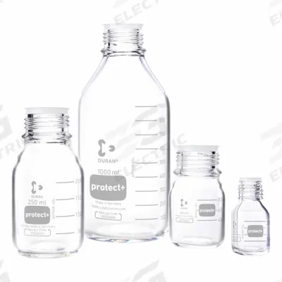 DURAN Narrow Mouth Round Glass Bottles - Safety Coated: 100 mL, 45 mm, Colorless - Safety Coated Wide Mouth Round Glass Lab Bottles