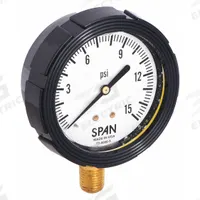 SPAN Pressure Gauge with Internal Seal: 0 psi to 15 psi, LFS-210, 2 1/2 in Dial, Buna-N, Brass, IP65 (MPN LFS-210-15-G-KEMX). Key specifications — Brand: SPAN; Gauge Case Liquid: Glycerin; Seal Fill Liquid: Instrument Oil; Seal Lower Housing Material: Brass; Accuracy: ±1.00%; Gauge Wetted Parts: Brass / Copper.