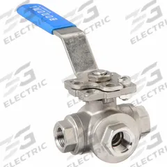 BONOMI Manual Three-Way Ball Valve: 3/8 in, CF8M Stainless Steel, T Flow, FNPT x FNPT x FNPT (MPN 956N3/8"). Key specifications — Brand: BONOMI; Handle: Locking Lever.