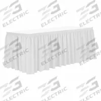 R&R TEXTILE Table Skirt: White, 21 1/2 ft Overall Lg, Poly, Shirred, Hook-and-Loop, 29 in Overall Ht (MPN EE-Pshirred-21.5FTx29in-White). Key specifications — Attachment Type: Hook-and-Loop; Material: Poly; Pleat Type: Shirred; Brand: R&R TEXTILE.