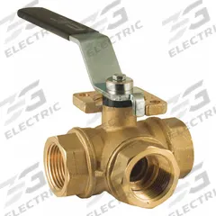BONOMI Manual Three-Way Ball Valve: 1 1/4 in, Brass, T Flow, FNPT x FNPT x FNPT, Std Port Ball Port (MPN 355N-11/4"). Key specifications — Brand: BONOMI; Handle: Lever.