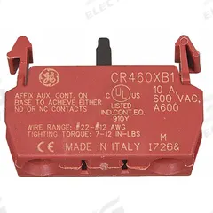 GE Auxiliary Contact Block: 1NO/1NC, 10 A Max Current (AC), Front Mount, Front-Mounted (MPN CR460XB1). Key specifications — Brand: GE; Compatible with Series: CR460 Lighting Contactors.
