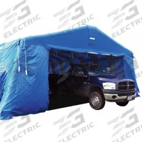 FSI Drive-Through Shelter: 40 ft Overall Lg, 24 ft Overall Wd, 12 ft Overall Ht, Nylon/PVC, Blue (MPN DAT7500-DTGR). Key specifications — Includes: HP Hose; Product Type: Drive-Through Shelter; Brand: FSI.
