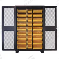 JAMCO Bin Cabinet: 48 in x 24 in 78 in, 0 Shelves, 27 Bins, Yellow, Ventilated, 14 ga Panel, Black (MPN DK248BL). Key specifications — Bin Color: Yellow; Bin HxWxD: (18) 7 in x 16-1/2 in x 14-3/4 in; Assembled: Assembled; Cabinet Style: Shelf and Bin; Brand: JAMCO; Cabinet Color: Black; Cabinet Finish: Powder Coated; Cabinet Material: Steel.