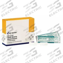 FIRST AID ONLY Wound Seal: Butterfly Wound Closures, 1/2 in Wd, 2 3/4 in Lg, Not Metal Detectable (MPN 1-120L). Key specifications — Product Type: Butterfly Wound Closures; Unitized: Unitized; Water Resistance: Water Resistant; Brand: FIRST AID ONLY; Latex Content: Latex Free; Metal Detectable: Not Metal Detectable; Package Type: Box; Manufacturer Part Number: 1-120L.