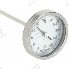 REOTEMP Compost Dial Thermometer: 0°F to 200°F, +/- 1% Accuracy, 60 in Stem Lg, Fahrenheit (MPN A60PF 0-200F). Key specifications — Accuracy: +/- 1%; Thread Type: NPT; Housing Material: Stainless Steel; Brand: REOTEMP; Temperature Units: Fahrenheit.