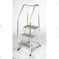 BALLYMORE Rolling Ladder: 4.8 ft Platform Ht, Assembled, Aluminum, Wt-Actuated, Ribbed (MPN A6SH30). Key specifications — Includes Handrails: Handrails Included; Material: Aluminum; Brand: BALLYMORE; Color: Gray.