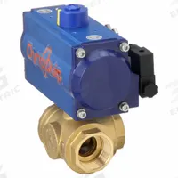 DYNAQUIP CONTROLS Pneumatically Actuated Three-Way Ball Valve: 1 1/2 in, Brass, FNPT x FNPT x FNPT (MPN PYHG7AUSR07510A). Key specifications — Brand: DYNAQUIP CONTROLS; Pilot Solenoid Voltage: 115V AC.