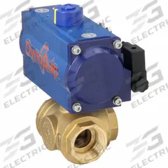 DYNAQUIP CONTROLS Pneumatically Actuated Three-Way Ball Valve: 1 1/2 in, Brass, FNPT x FNPT x FNPT (MPN PYHG7AUSR07510A). Key specifications — Brand: DYNAQUIP CONTROLS; Pilot Solenoid Voltage: 115V AC.