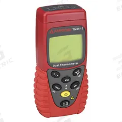 AMPROBE Thermocouple Thermometer: For Type J/Type K Thermocouple Type, 2 Channels (MPN TMD-10). Key specifications — Testing Functions: Min/Max Temperature; Accuracy: ±0.05 % + 1.4 °F; Brand: AMPROBE.