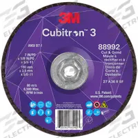 3M CUBITRON 3 Cut-Off and Grinding Wheel: Type 27, 7" x 1/8" x 5/8"-11, Ceramic, 36 Grit (MPN 88992). Key specifications — Brand: 3M CUBITRON 3.