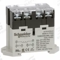 SCHNEIDER Enclosed Power Relay: DIN-Rail & Surface Mounted, 25 A Current Rating, 12V DC, DPST-NO (MPN 725BXXSC3ML-12D). Key specifications — attr211321: SCHNEIDER; attr864598: Square; attr864602: DIN Rail & Top Flange; attr864634: Screw Terminal; attr864642: 725BXXSC3ML-12D; attr869492: 25 A at 240V AC (General Purpose); attr934629: Harmony™ 725 Power Series.