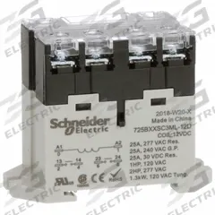 SCHNEIDER Enclosed Power Relay: DIN-Rail & Surface Mounted, 25 A Current Rating, 12V DC, DPST-NO (MPN 725BXXSC3ML-12D). Key specifications — attr211321: SCHNEIDER; attr864598: Square; attr864602: DIN Rail & Top Flange; attr864634: Screw Terminal; attr864642: 725BXXSC3ML-12D; attr869492: 25 A at 240V AC (General Purpose); attr934629: Harmony™ 725 Power Series.
