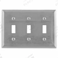 HUBBELL Wall Plate: Toggle, 3 Gang, Silver, Std Size (MPN SS3). Key specifications — Brand: HUBBELL; Material: Stainless Steel.