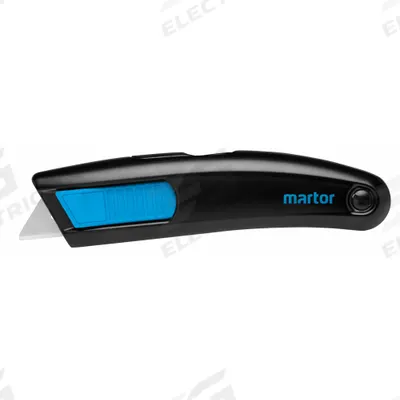 MARTOR Safety Knife: 6 in Overall Lg, Plain, 1 in Overall Wd, Aluminum, Black/Blue - Fully Automatic Retracting Utility Knives
