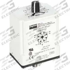 DAYTON Single Function Time Delay Relay: Socket Mounted, 24V AC/DC, 10 A, 8 Pins/Terminals, On Delay (MPN 24EP12). Key specifications — Brand: DAYTON.