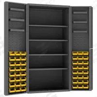 DURHAM MFG Bin Cabinet: 36 in x 24 in 72 in, 10 Shelves, 48 Bins, Yellow, Deep Box, 14 ga Panel (MPN DC36-48-4S6DS-95). Key specifications — Bin Color: Yellow; Bin HxWxD: (48) 4 in x 5 in x 3 in; Assembled: Assembled; Cabinet Style: Shelf and Bin; Brand: DURHAM MFG; Cabinet Color: Gray; Cabinet Finish: Powder Coated; Cabinet Material: Steel.