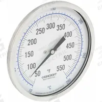 ASHCROFT Dial Thermometer: 50°F to 550°F /10°C to 290°C, ±1% Accuracy, 6 in Stem Lg, 3 in Dial Dia (MPN 30EI60R). Key specifications — Accuracy: ±1 %; Brand: ASHCROFT.